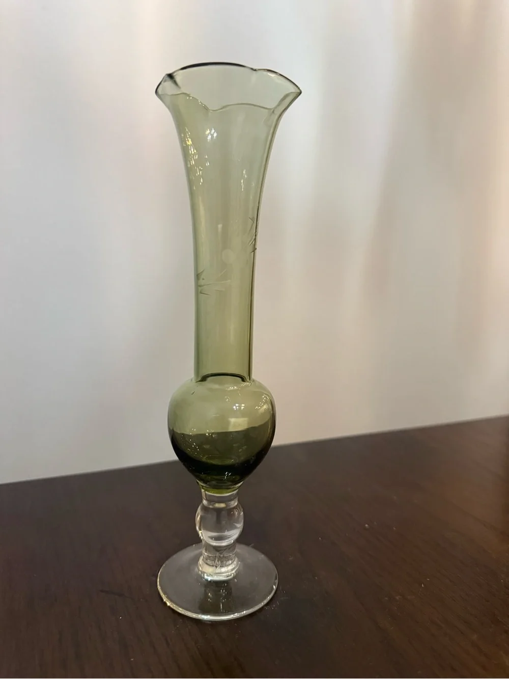 Vintage Olive Green Blown Glass Pedestal Bud Vase Ruffled Edge Etched Cut Flower